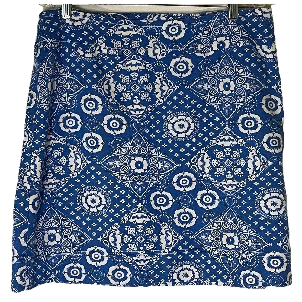 Talbots A-Line Skirt 14W Blue‎ White Bandana Floral Cotton Stretch Lined Knee